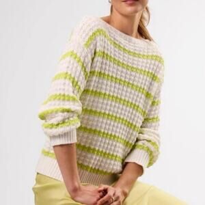AMOUR VERT NEW Women's Lar  Stripe Novelty Sweater Ivory Lime Cotton Linen Gauze